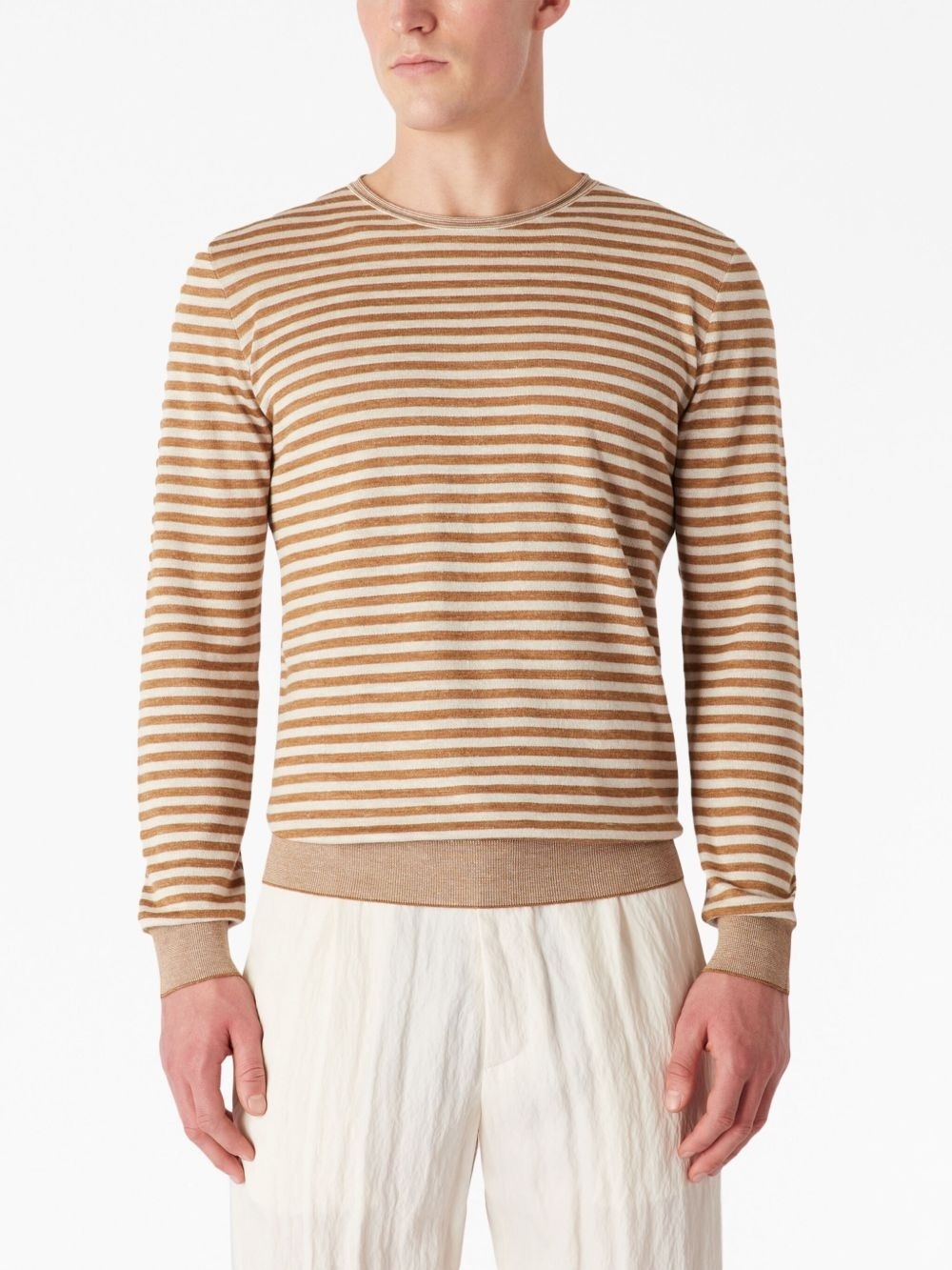 Giorgio Armani Silk/Cashmere Striped Crewneck Sweater in Tan and Cream Size 52